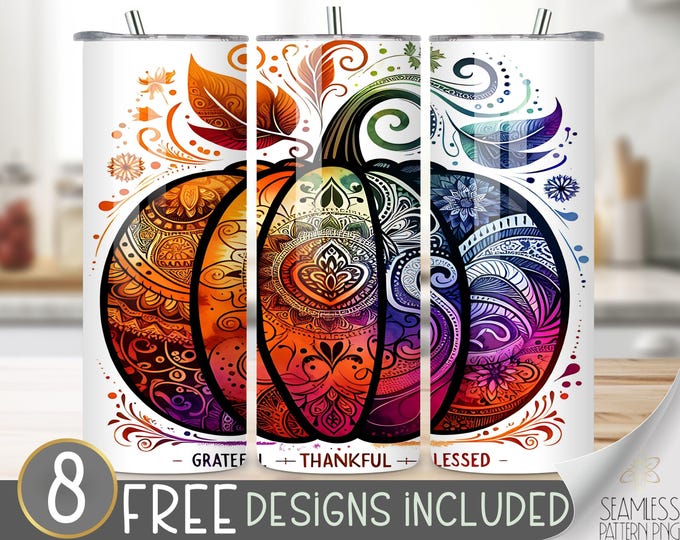 Grateful Thankful Blessed Tumbler Wrap, Toile Pumpkin Sublimation Tumbler Wrap, Tribal Autumn Design, Mandala Fall Thanksgiving Sublimation