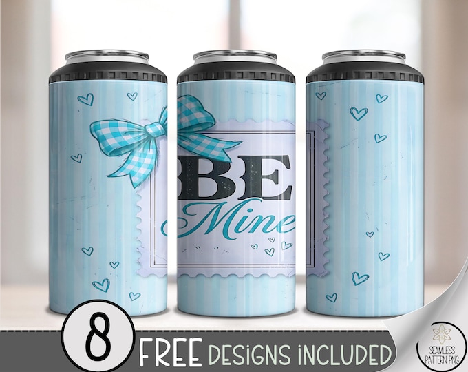 Be Mine Stamp 4-in-1 Can Cooler Wrap PNG, Trendy Coquette Heart Design for Women, Digital Download, Sky Blue Sublimation, B742