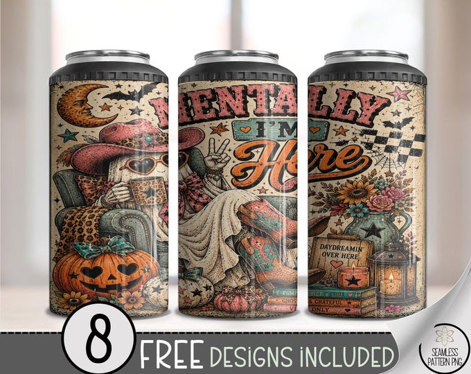 Halloween 4-in-1 Can Cooler Wrap, Spooky Ghost Sublimation Design, 16oz, Digital Download, B10386