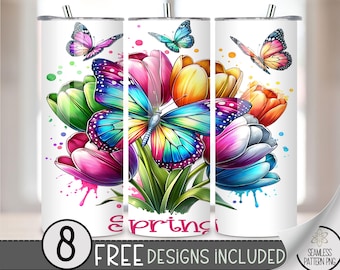 Spring 20 oz Skinny Tumbler Sublimation Design, Digital Download PNG, Easter Tumbler Wrap, Cute Spring Art with Tulips & Butterflies, A98