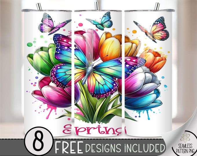 Spring 20 oz Skinny Tumbler Sublimation Design, Digital Download PNG, Easter Tumbler Wrap, Cute Spring Art with Tulips & Butterflies, A98