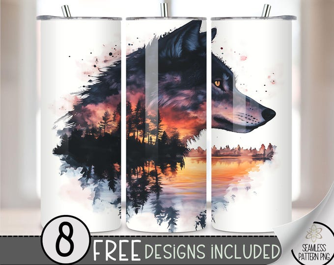 Boho Wolf Floral Tumbler Wrap, Floral Watercolor Sunset Lake Sublimation Design PNG, Ethereal 20Oz Skinny Tumbler File, Lake Tumbler PNG