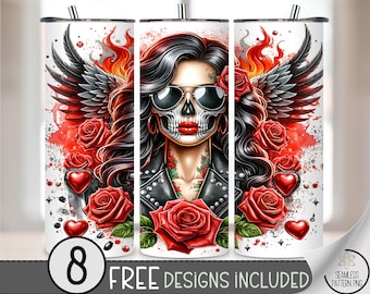 Motorcycle Tumbler Wrap, Seamless Biker Girl Wrap Tumbler, Leather Jacket 20oz Tumbler Wrap,Flaming Tattoo Girl Motorcycle Sublimation, A209