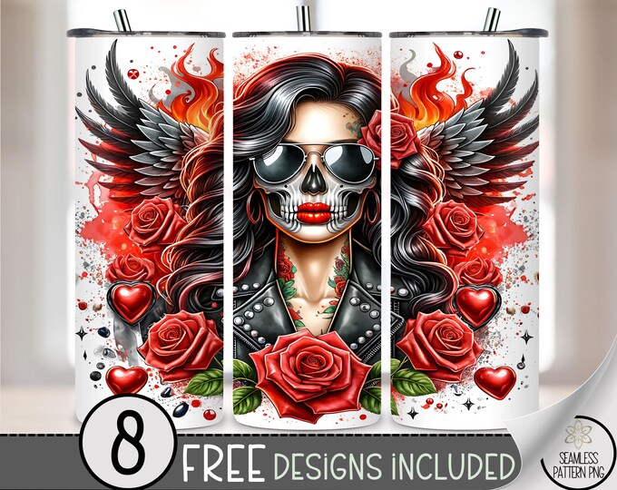 Motorcycle Tumbler Wrap, Seamless Biker Girl Wrap Tumbler, Leather Jacket 20oz Tumbler Wrap,Flaming Tattoo Girl Motorcycle Sublimation, A209