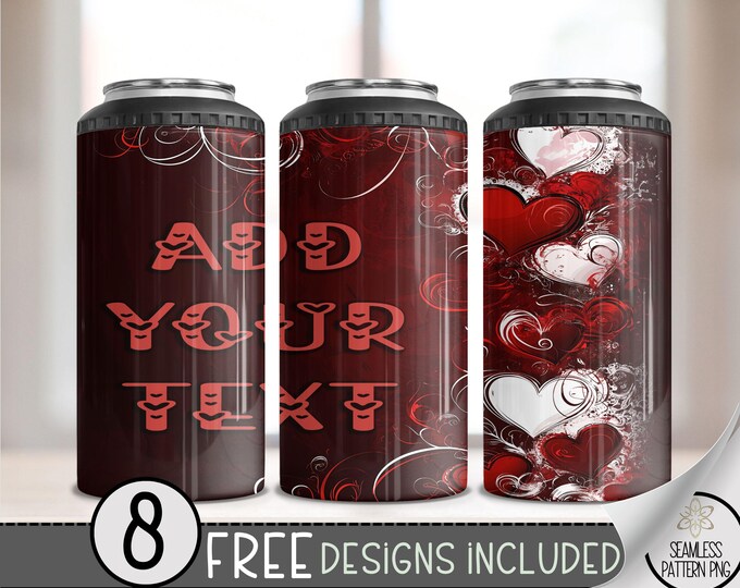 Add Your Text 4 in 1 Can Cooler Wrap, Customize Name 4in1 Tumbler PNG, Valentine Day 16 Oz Can Cooler Sublimation Design,Heart Seamless File