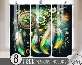 St. Patrick'S Tumbler Wrap, Feather Dreamcatcher Sublimation Design PNG, Shamrock 20Oz Skinny Tumbler File, St Patty Boho Floral Tumbler PNG