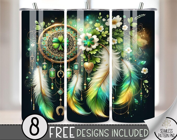 St. Patrick'S Tumbler Wrap, Feather Dreamcatcher Sublimation Design PNG, Shamrock 20Oz Skinny Tumbler File, St Patty Boho Floral Tumbler PNG