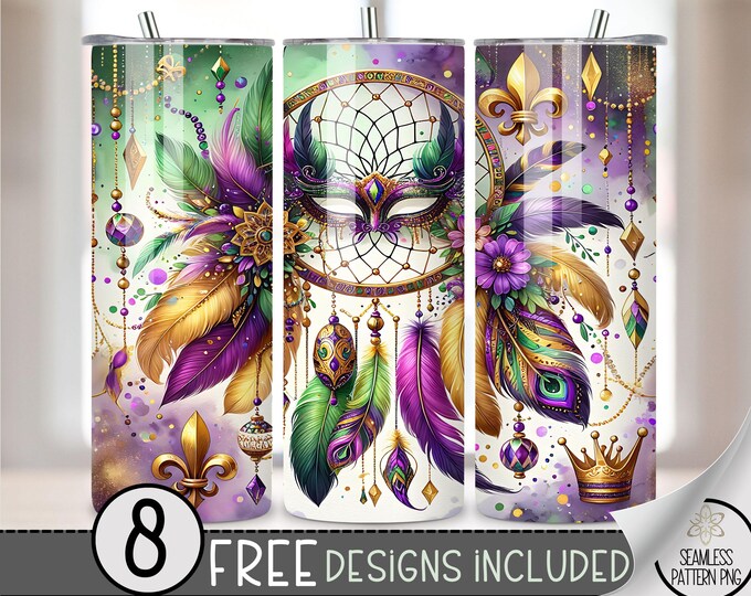 Mardi Gras Dreamcatcher Floral Tumbler Wrap, Nola Mask Sublimation Design PNG, Ethereal 20Oz Skinny Tumbler File, Mandala Tumbler PNG