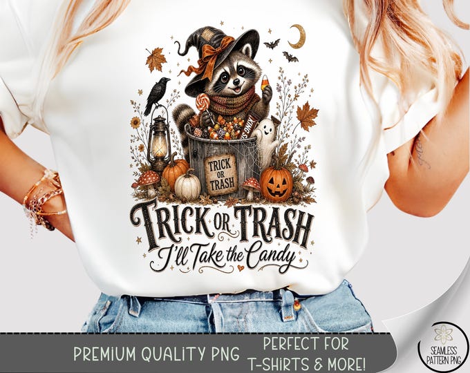 Halloween Raccoon T-shirt PNG, Trick or Trash Candy Sublimation Design, Digital Download, B10422