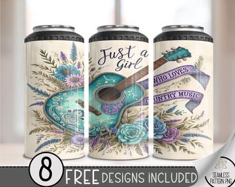 Just A Girl Who Loves Country Music 4 in 1 Can Cooler Wrap,Western Sublimation Design,Cowgirl 4in1 Tumbler PNG,Country Girl 16 Oz Can Cooler