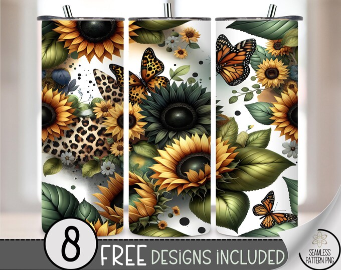 Watercolor Sunflower Tumbler Wrap,Floral Seamless Design,Flower Sublimation Tumbler Design Digital Download,Butterfly 20 OZ Skinny Wrap A219