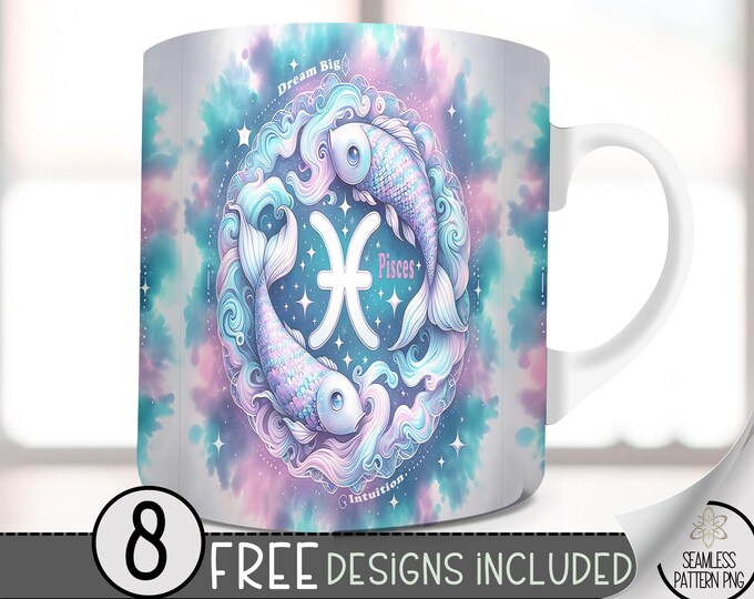 Pisces 11Oz Mug Template, Coffee Mug Png, 11 Oz Mug Wrap, Zodiac Mug, Astrology Mug Sublimation Designs,Seamless Zodiac Sign, Tie Dye PNG