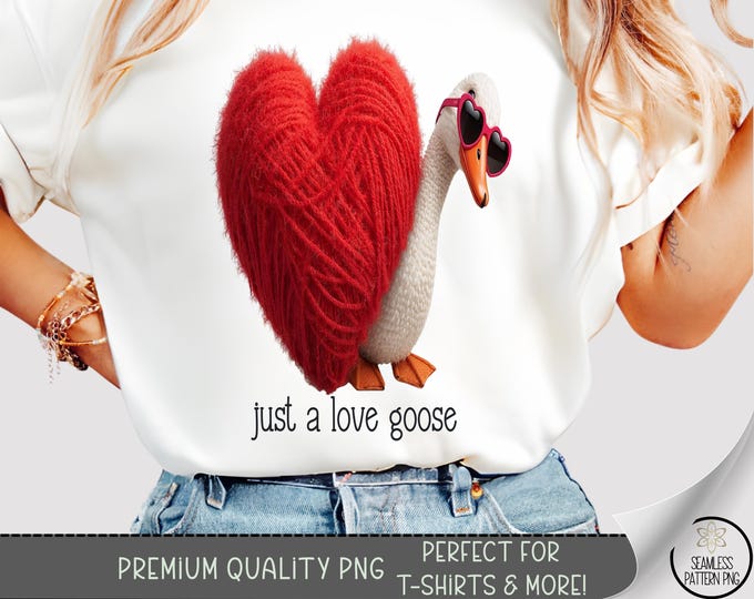 Love Goose T-shirt PNG, Cute Sublimation Design, Playful DTF Shirt Graphic, Cozy Valentine TShirt File, Faux Knit Heart Design A692