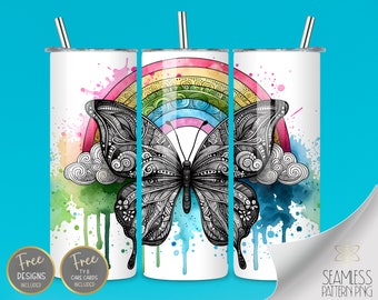 Zentangle 20 Oz Skinny Sublimation Tumbler Design, Watercolor Rainbow and Butterfly PNG, Seamless Rainbow Design Instant Download