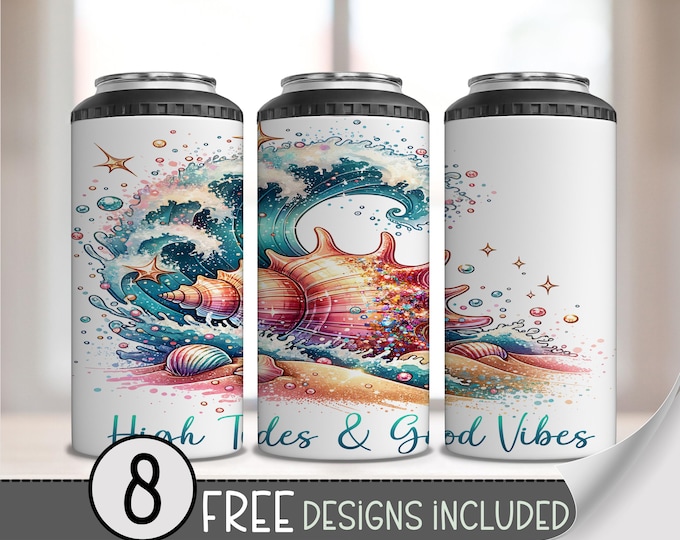 Beach 4 in 1 Can Cooler Wrap, Tropical Sublimation Design, Summer Beach 4in1 Tumbler PNG Download for Hard Can Wrap, Seashells & Wave, A226