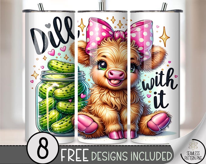 Sassy 20 oz tumbler wrap: Cute Highland Cow Sublimation Design for Skinny Tumblers, Colorful Pickle PNG File, Digital Download, A493