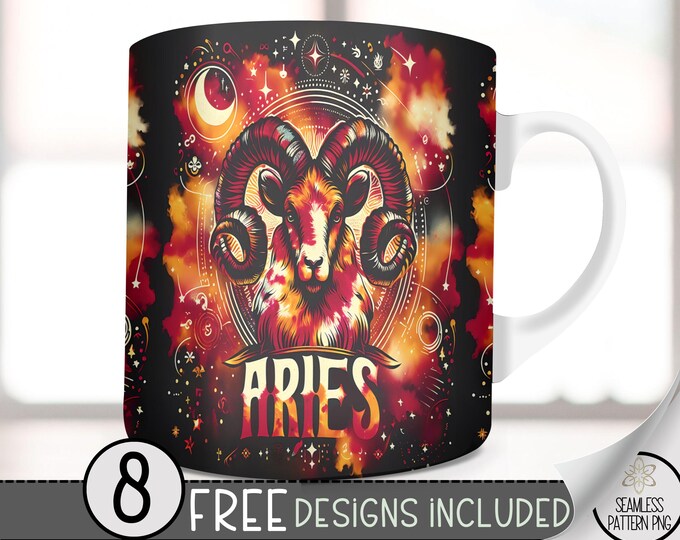 Aries 11Oz Mug Template, Coffee Mug Png, 11 Oz Mug Wrap, Zodiac Mug, Astrology Mug Sublimation Designs, Seamless Zodiac Sign, Tie Dye Png