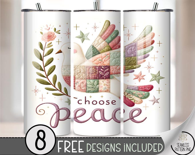 Patchwork Dove 20 oz tumbler wrap: Faux Quilted Dove Sublimation Design for Skinny Tumblers, Soft Pastel PNG Files A660