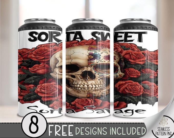 Sarcastic 4 in 1 Can Cooler Wrap, Sassy Skull 4in1 Tumbler PNG, Gothic Skull 16 Oz Can Cooler Sublimation Design, Rose Hard Can Design, A141