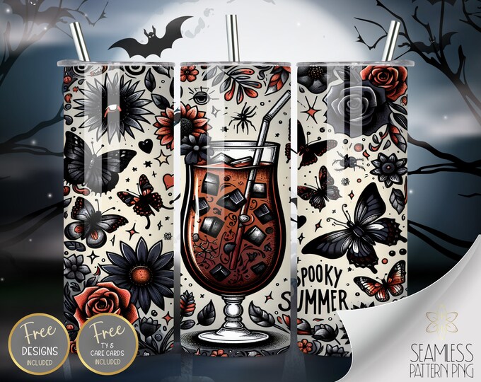 Spooky Summer 20 oz Straight Tumbler Wrap Sublimation, Gothic Summer Moth Design File, Butterfly Doodles, Trendy Black Goth Cocktail PNG