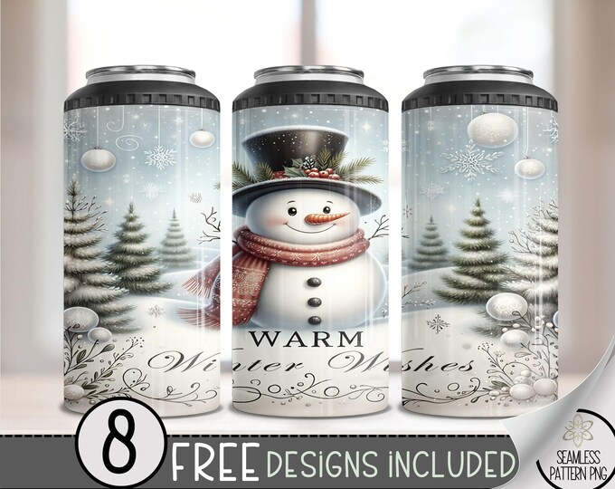 Snowman 4 In 1 Can Cooler Tumbler Wrap, Xmas Sublimation Design, Winter 16 Oz Slim, Cute Christmas File 16 Oz Can Cooler Sublimation Design