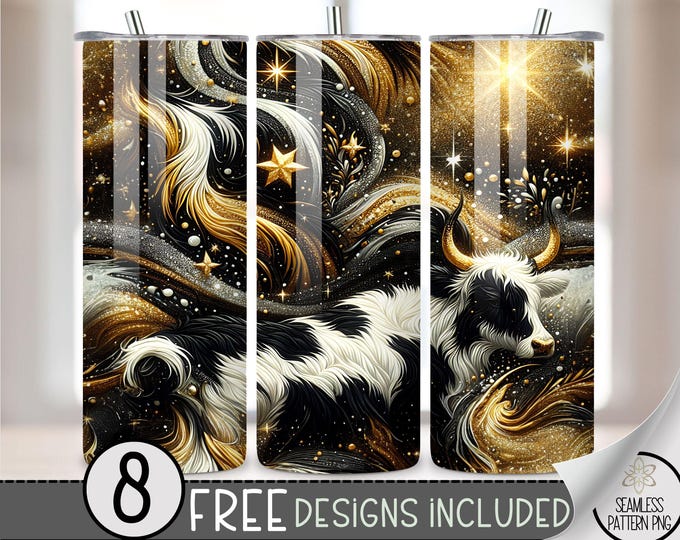 Cow Print Black Glitter PNG Tumbler Wrap,  Western Cowhide Print Sparkly Seamless Design, Instant Download, 20 Oz Skinny Sublimation Design