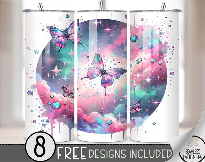 Celestial Butterflies 20oz Tumbler Wrap, Butterfly Galaxy 20oz Skinny Tumbler Sublimation Design, Cute Rainbow Tumbler Wrap File PNG A26