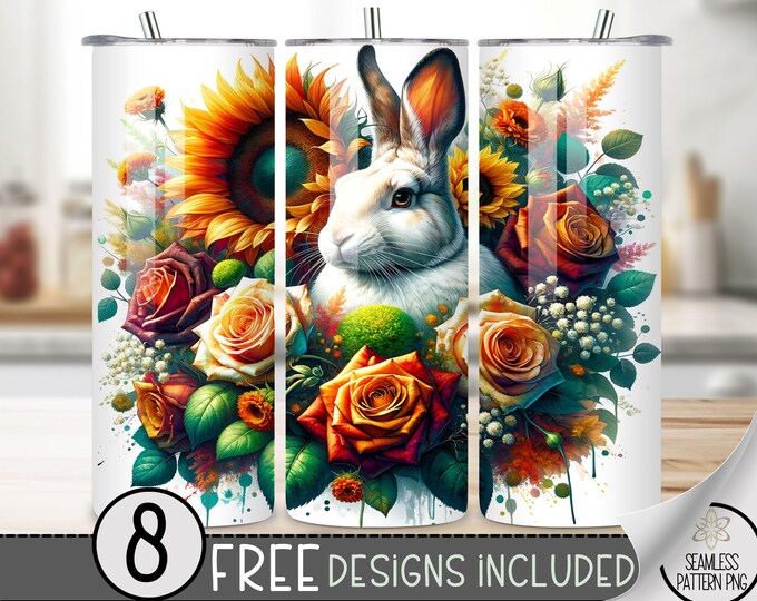 Instant Digital Rabbit Tumbler Wrap, Floral 20 Oz Skinny Tumbler PNG Template, Bunny 20Oz Straight Tumbler File, Seamless Downloadable Wrap
