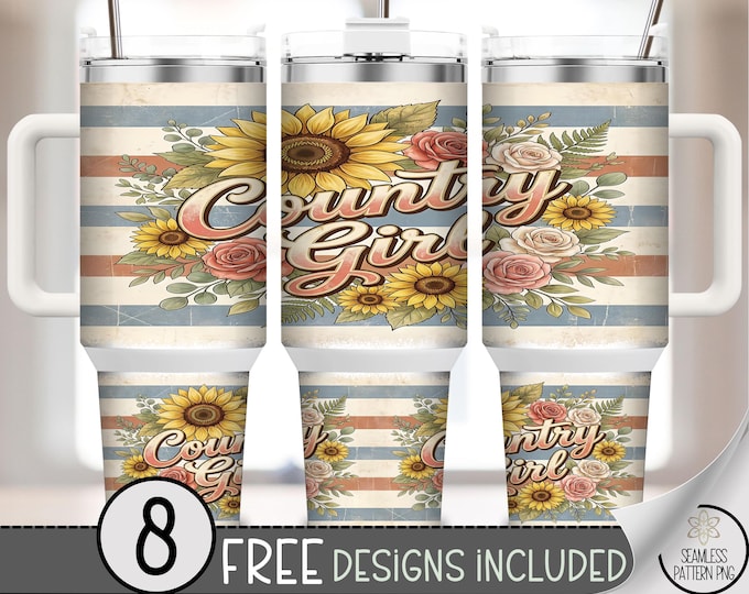 Country Girl 40 oz Tumbler Wrap, Rustic Floral Sublimation Design, Hand-Lettered PNG Files, Farmhouse Tumbler File, B10068