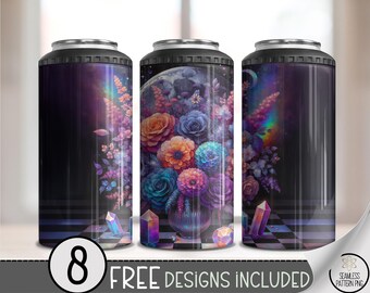 Crystal Galaxy Bouquet 4-in-1 Can Cooler Wrap PNG, Moon Floral Sublimation, Ethereal Night Sky Tumbler PNG, 4 in 1 Floral Bloom Design, A330