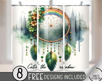St. Patrick'S Tumbler Wrap, Feather Dreamcatcher Sublimation Design PNG, Shamrock 20Oz Skinny Tumbler File, St Patty Boho Floral Tumbler PNG