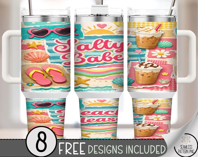 Salty Babe Beach 40 oz Tumbler Wrap, Iced Coffee Sublimation Design, Beachy PNG Files, Digital Download, B10220
