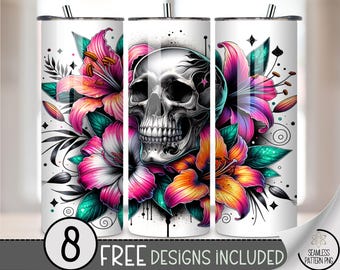 20 oz Skull Floral Tumbler Wrap, Neon Tropical Flowers PNG, 20oz Edgy Gothic Sublimation Design, Dark Floral Skinny Tumbler Wrap, A361