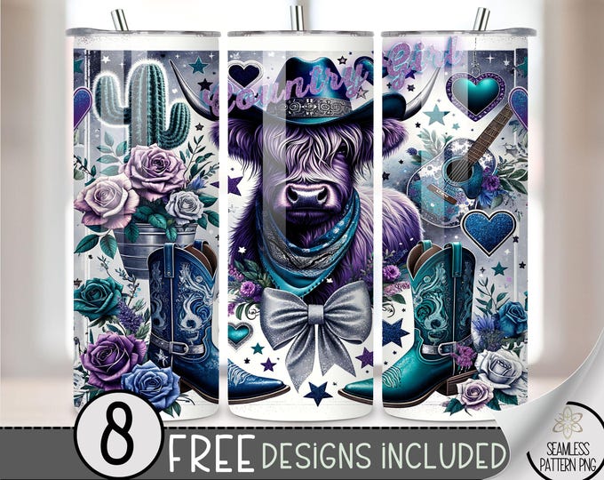 Country Girl Highland Cow Tumbler Wrap, Glittery 20oz Skinny Tumbler Sublimation Design, Western Cowboy boots Tumbler Wrap File, Cowgirl Hat