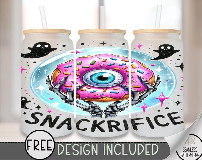 Snackrifice 16 oz Glass Can Wrap PNG, Funny Donut Monster Eye PNG, Spooky Cute Ghost Sublimation, Pastel Goth Halloween Glass Can Wrap, A381