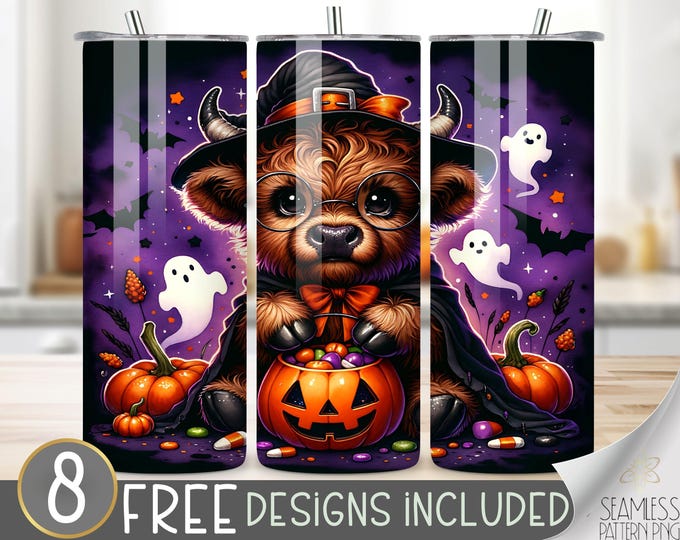 Witch highland cow tumbler wrap, Halloween 20 oz skinny tumbler sublimation design, Halloween cow tumbler wrap, pumpkin ghost tumbler design