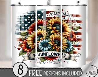 Stars and Sunflowers Tumbler Wrap, 20oz Skinny Tumbler PNG, Patriotic Floral Sublimation, Red White Blue Wrap Design, Instant Download, A326