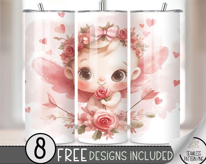Cute Cupid Tumbler Wrap, Valentine's Day 20oz Skinny Tumbler Sublimation Design, Vday Tumbler Wrap File, PNG, Seamless Love File, Heart Wrap