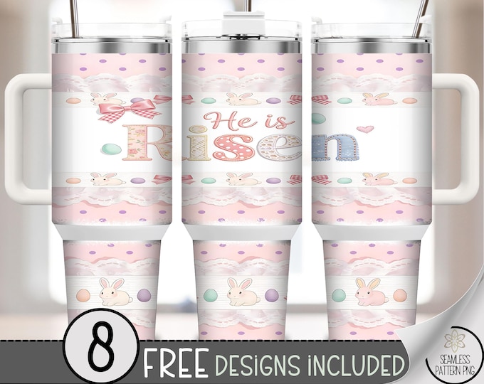 He Is Risen PNG, Easter 40 Oz Tumbler Wrap, Christian Faux Yarn Sublimation Design, Pastel Bunny File, B870