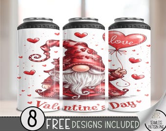 Seamless Valentine Gnome 4in1 Can Cooler Wrap, Vday Sublimation Design, Love 16 Oz Can Cooler Design File, Cute Gnome 4 in 1 Tumbler PNG,