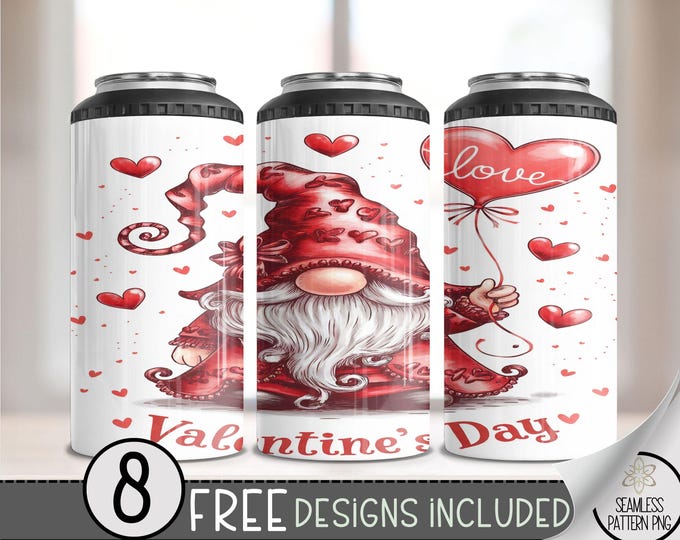 Seamless Valentine Gnome 4in1 Can Cooler Wrap, Vday Sublimation Design, Love 16 Oz Can Cooler Design File, Cute Gnome 4 in 1 Tumbler PNG,