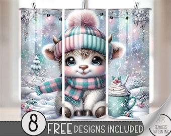 Seamless Christmas Highland Cow Tumbler Wrap, 20oz Skinny Tumbler Design PNG Highland Cow Sublimation Design for Christmas, Winter Cocoa PNG