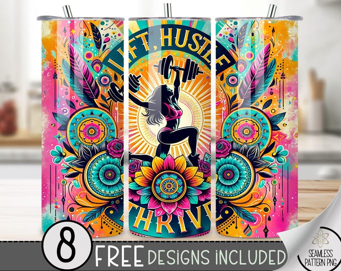 Gym Tumbler Wrap, Exercise 9.2 X 8.3Tumbler, Fitness Sublimation Design, Neon Boho 20 Oz Skinny Tumbler,Athletic Training Gym Life Sport PNG