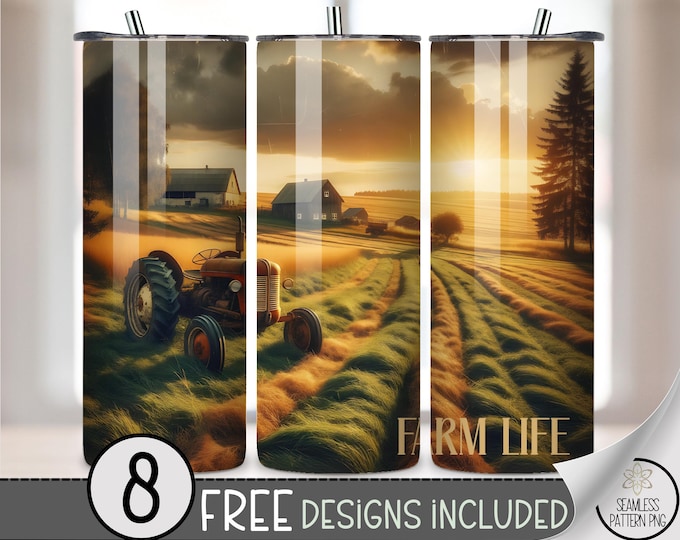 Rustic Farm Life 20oz Tumbler Wrap, Printable Countryside Scene, Cozy Autumn Tumbler PNG, Tractor Field PNG for Farmers, Country Lover A414
