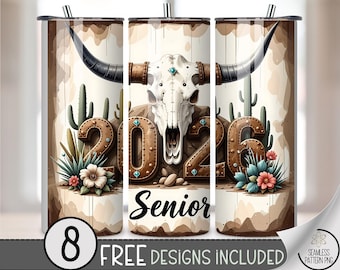 Western Cow Skull Graduation 20 oz Tumbler Wrap, 2026 Senior Sublimation Design, Longhorn Graduate Design File, Southwestern PNG, A463