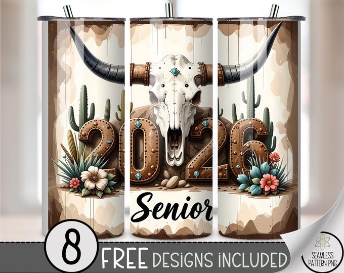 Western Cow Skull Graduation 20 oz Tumbler Wrap, 2026 Senior Sublimation Design, Longhorn Graduate Design File, Southwestern PNG, A463