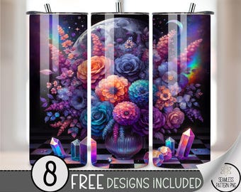 Galaxy Floral Crystal 20 oz Tumbler Wrap PNG, Moon Bouquet Sublimation Design, Cosmic Flowers & Crystals Skinny Tumbler PNG, A330