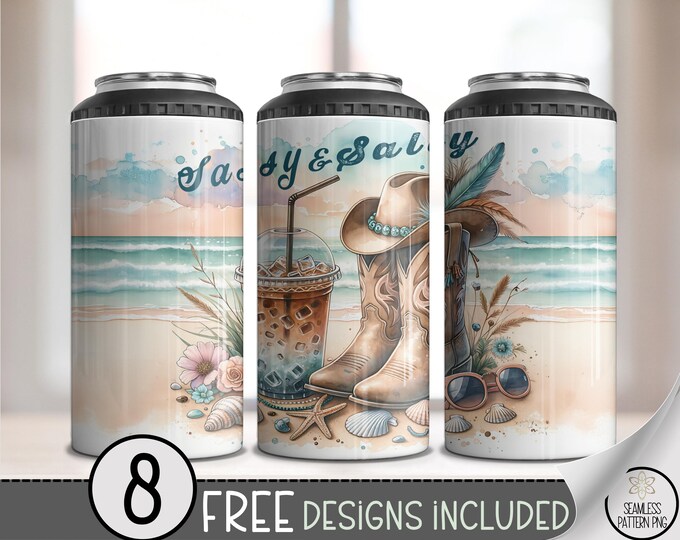 Sassy and Salty 4-in-1 Can Cooler Wrap PNG, Cowgirl Beach Sublimation Design with Iced Coffee, 4in1 Can Cooler Boots and Shells, A302