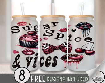 Sugar Spice & Vices Glass Can Wrap PNG, Messy Coquette UV Dtf,Cute Leopard Print Lips and Cherry Clipart,Alt Girl Glass Cup Sublimation A259