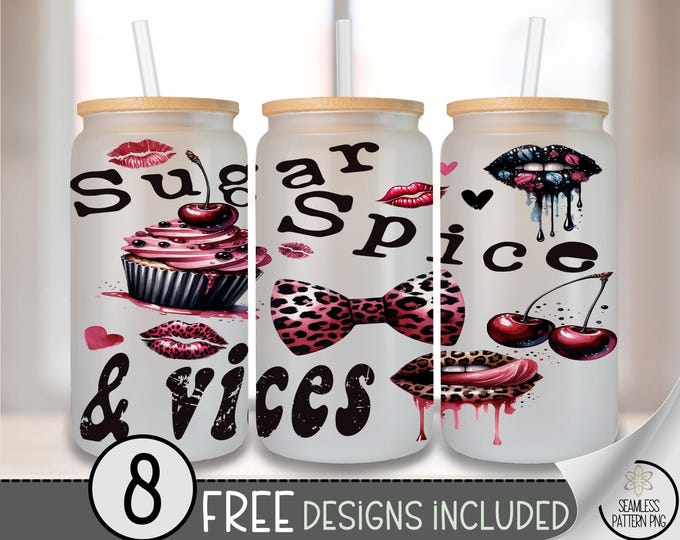 Sugar Spice & Vices Glass Can Wrap PNG, Messy Coquette UV Dtf,Cute Leopard Print Lips and Cherry Clipart,Alt Girl Glass Cup Sublimation A259